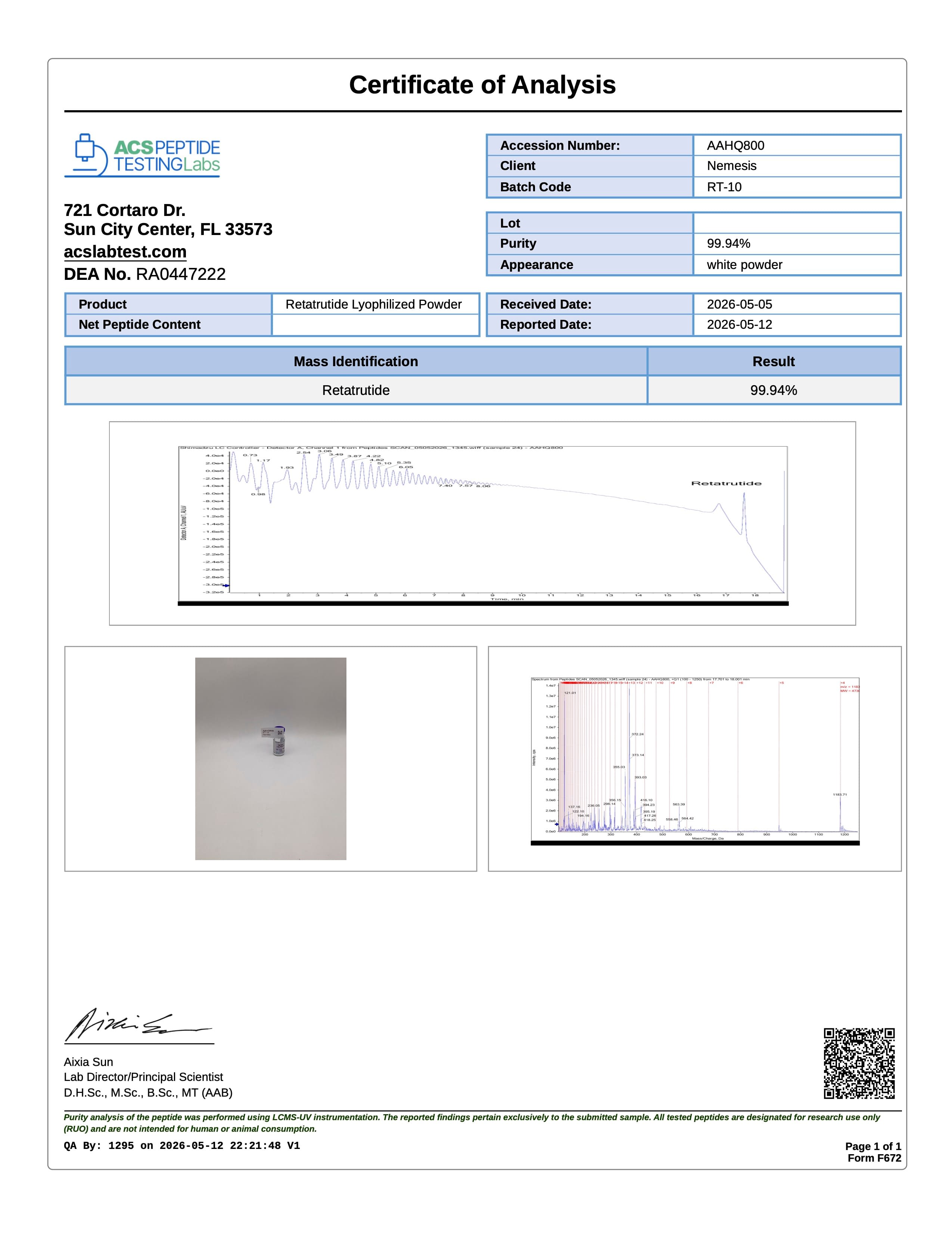 Retatrutide Certificate of Analysis purity test results — Nemesis Peptides